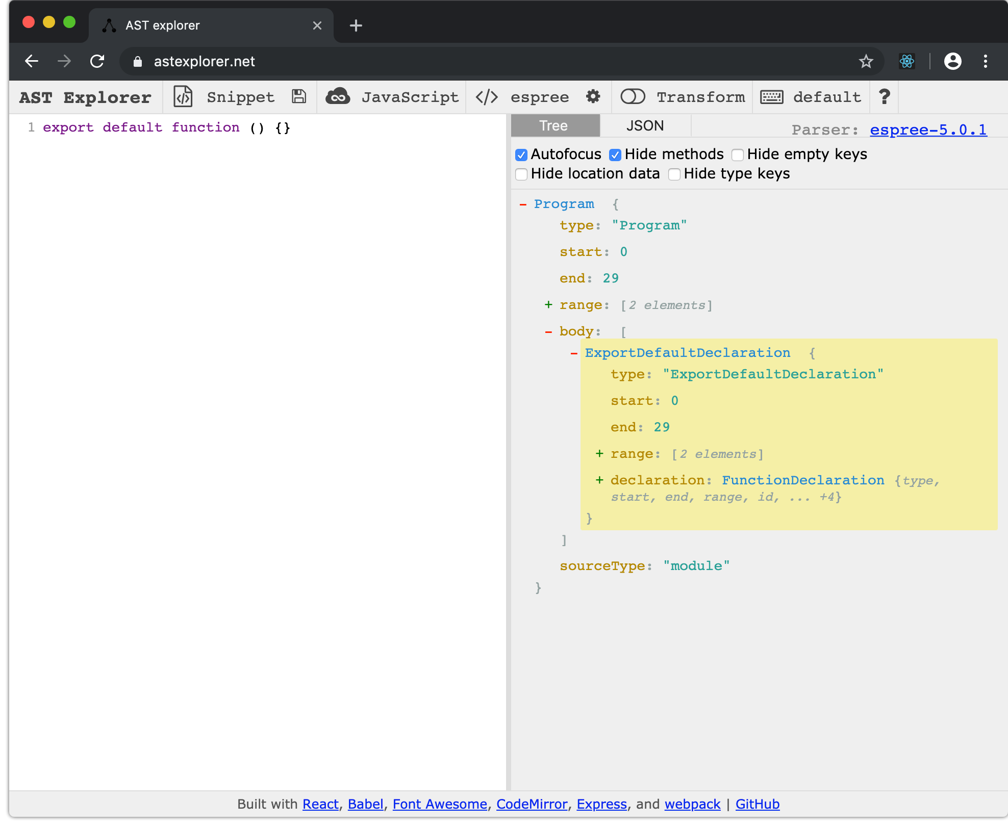 AST Explorer for default export syntax