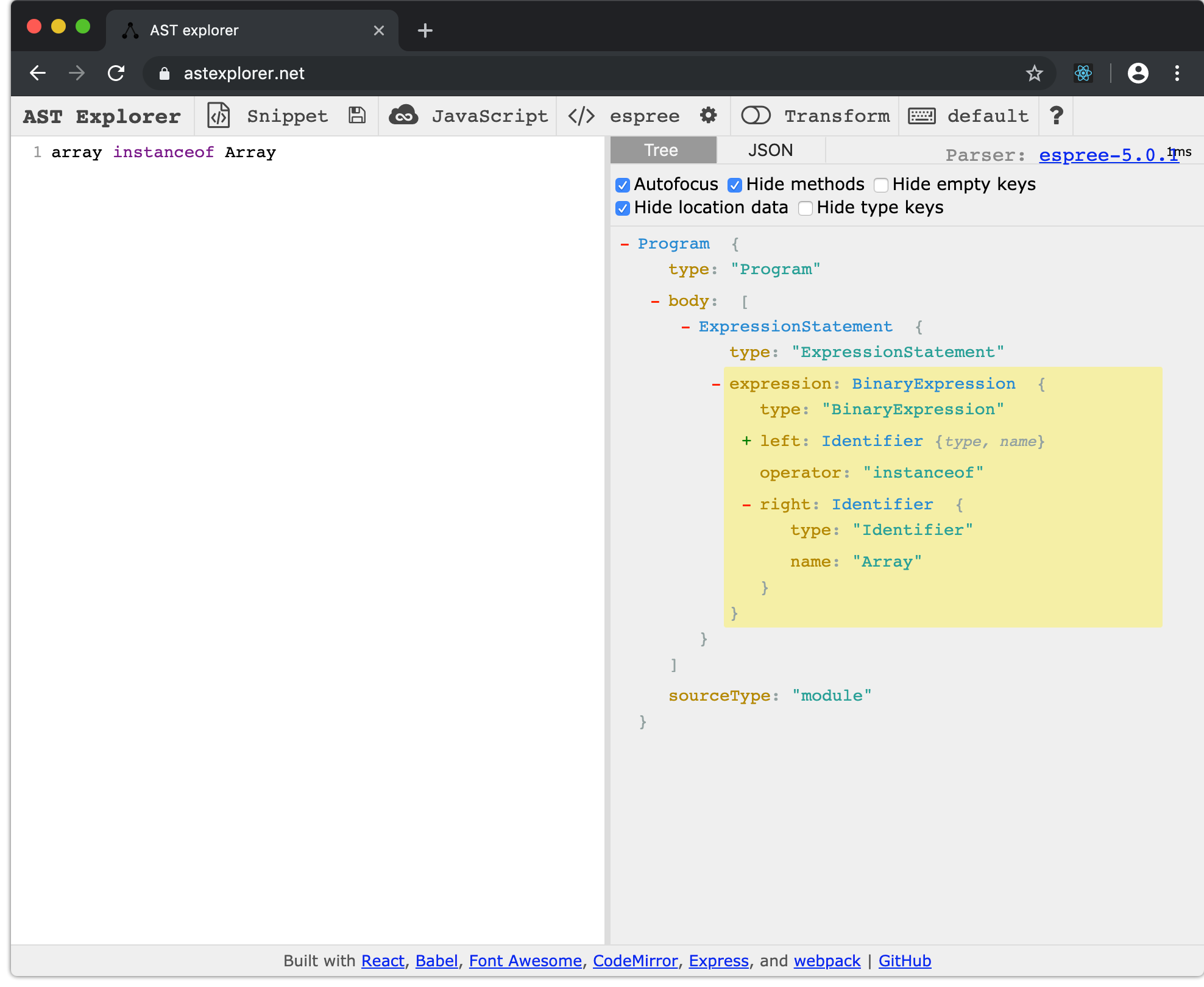 AST Explorer for instanceof Array