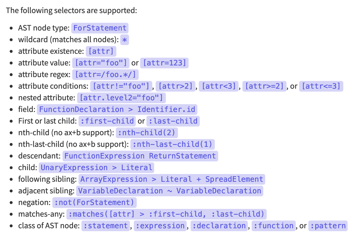 A list of ESLint selectors