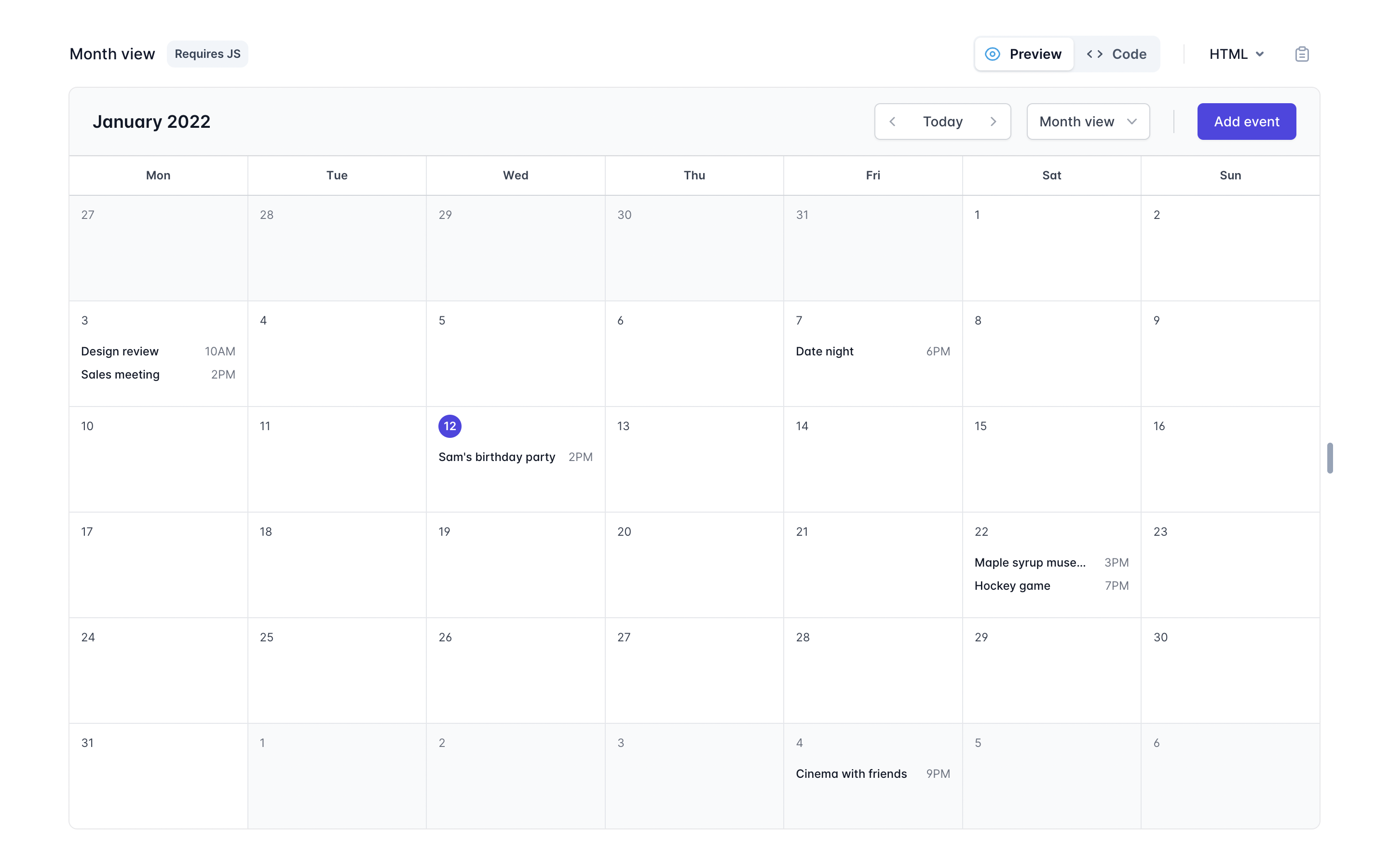 Tailwind UI month calendar